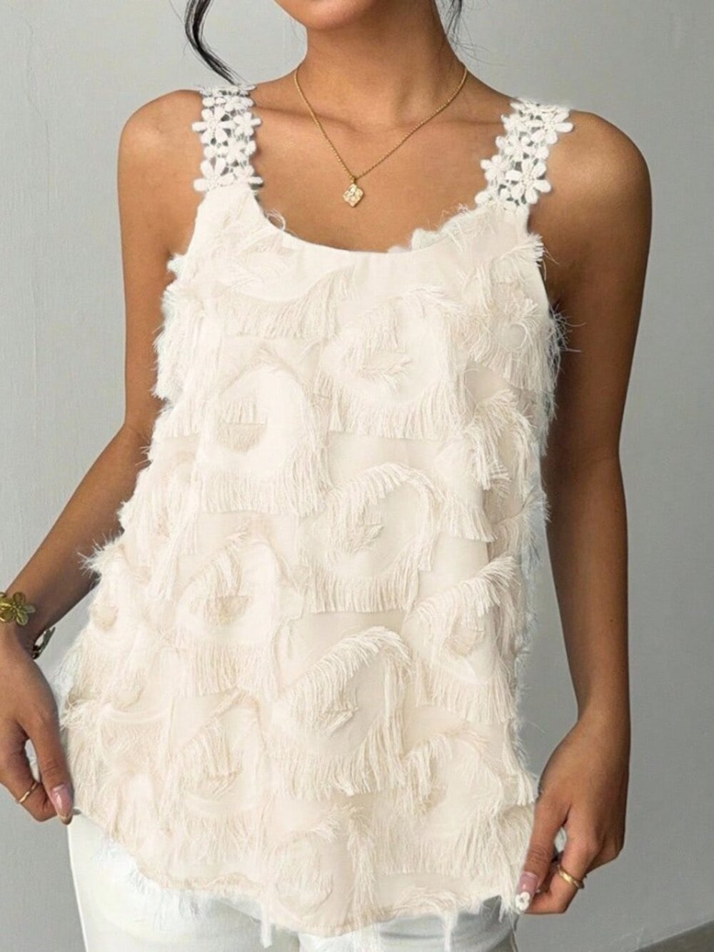 Apricot Casual Women's Elegant Floral Lace Patchwork Textured Camisole Top - Picture 6 of 7
